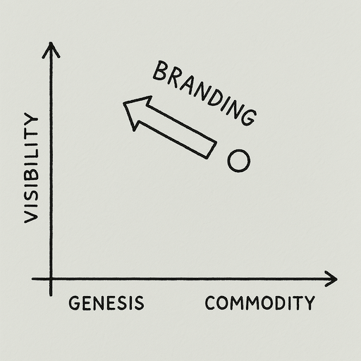 Wardley Map showing the effect of branding on a コンポーネント, moving it up (more visible) and left (away from commodity)